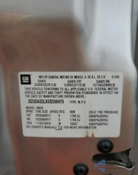 2006 Buick Rendezvous Cx z USA, uszkodzony, nr VIN 3G5DA03LX6S598479